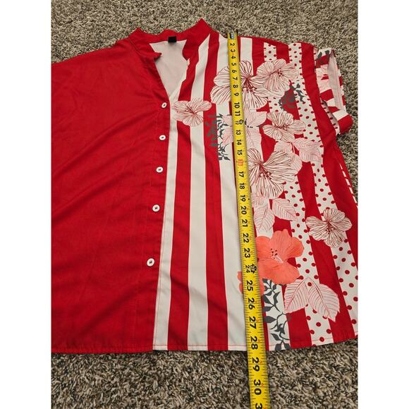Bold Red Floral Stripe Button Blouse Size 3XL Short Sleeve Retro Hibiscus Top - Picture 5 of 7